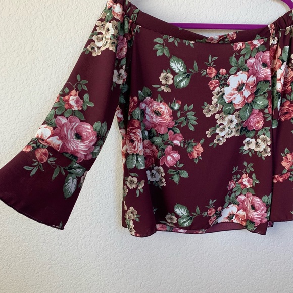 Burgundy Off Shoulder Floral Blouse Flare Sleeves - Picture 2 of 5